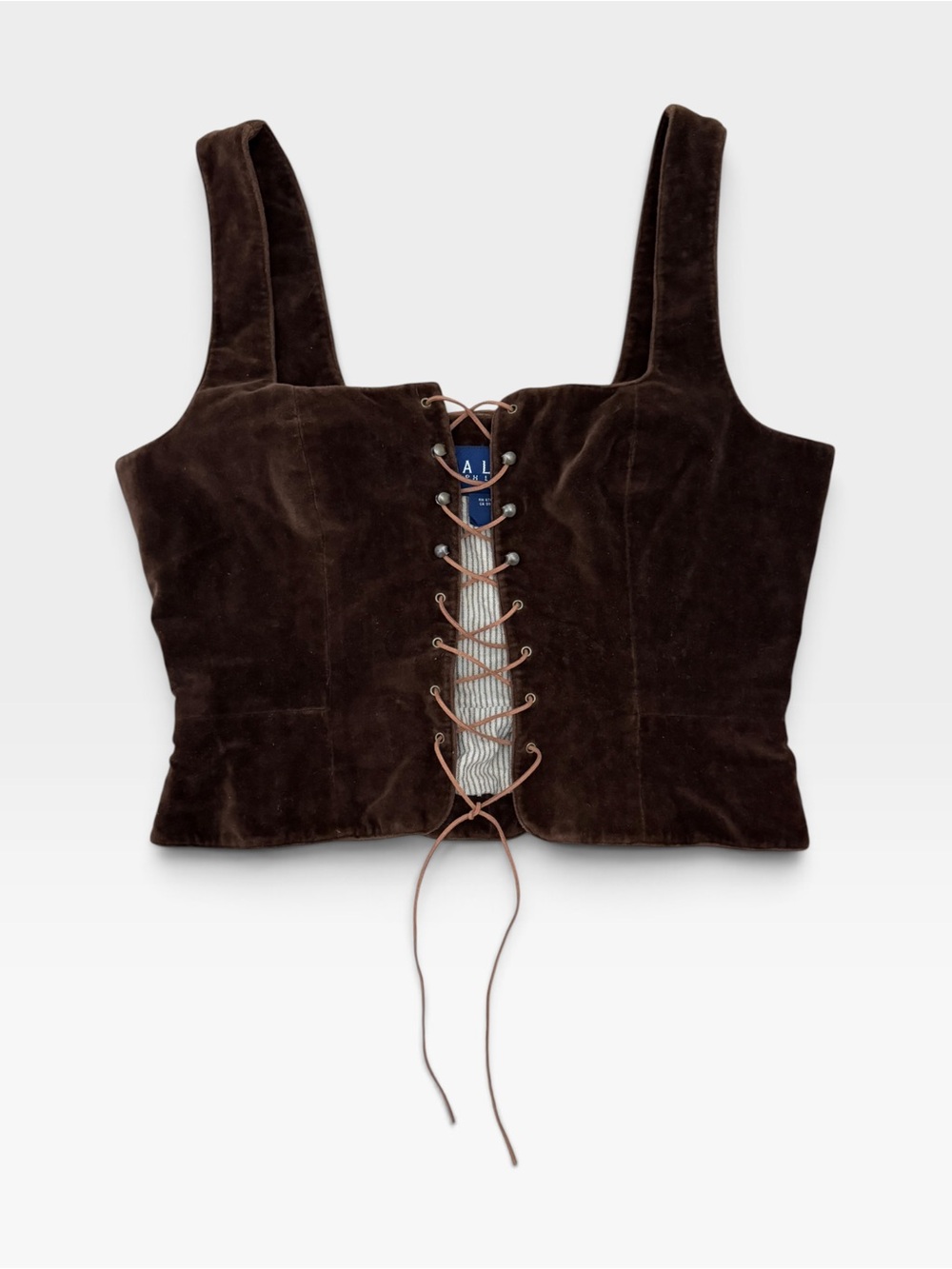 VTG RALPH by Ralph Lauren Chocolate Brown Velvet Leather Lace Up Sleeveless Top
